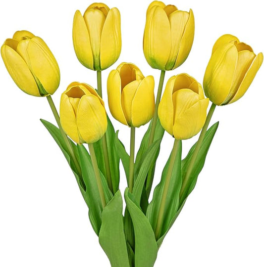 Artificial Tulips Flowers – 24" Long Stem Faux Tulips, 7PCS Real Touch Fake Yellow Tulip for Vase, Farmhouse, Kitchen, Spring & Wedding Home Decor