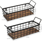 MyGift Set of 2 Wire Baskets for Pantry, Wall Mounted or Tabletop Black Metal Baskets for Organizing with Burnt Wood Base and Handles