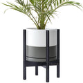 D'vine Dev Ceramic Planter with Ebony Stand - 10 Inch Modern Round Flower Pot with Wood Planter Holder, White/Grey, 55-B-L-6
