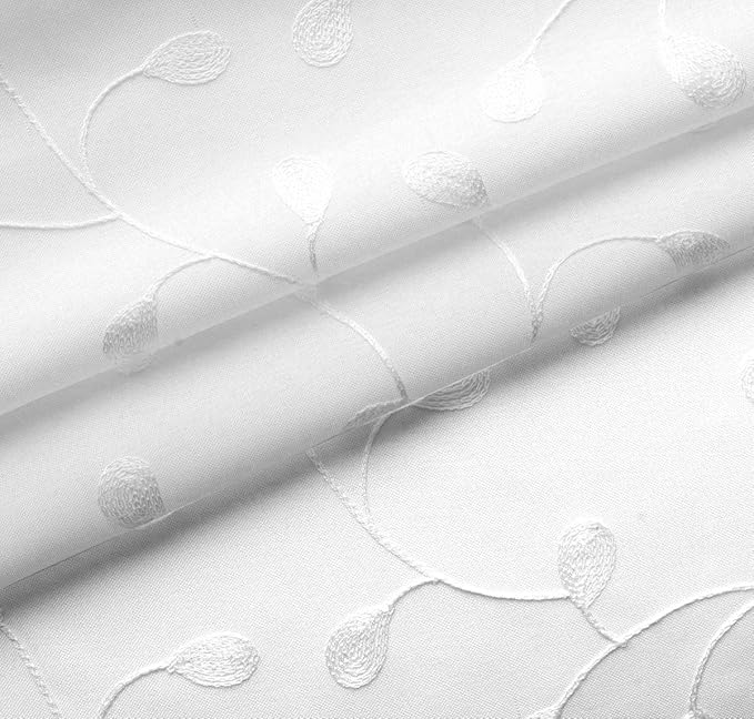 MIUCO Floral Embroidery Semi Sheer Curtains Faux Linen Grommet Window Curtains for Bedroom Living Room 63 Inch Length 2 Panels, Pure White