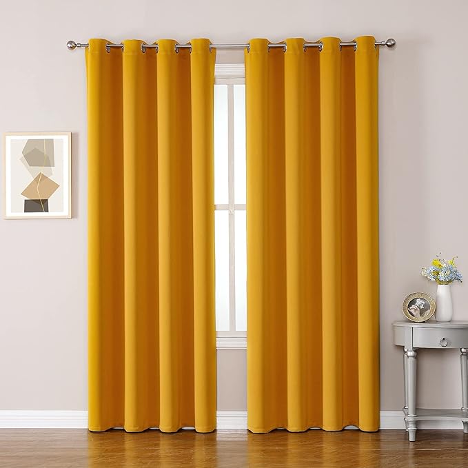 ChrisDowa Room Darkening Curtains 108 Inches Long 2 Panels Set for Living Room, Grommet Thermal Insulated Blackout Curtains for Bedroom (Mustard Yellow, 52 x 108 Inch)