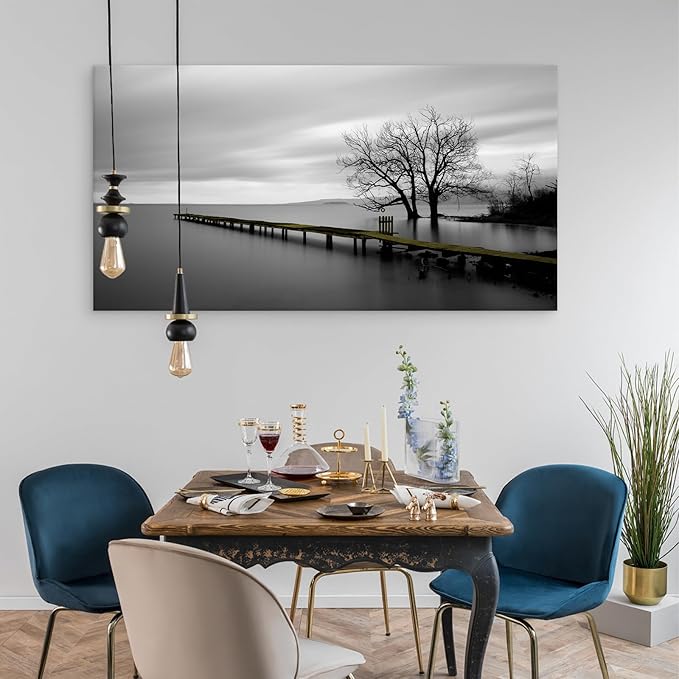 DZL Art S74998 Gray Canvas Prints Modern Minimalist Black and White Lake Trees Landscape Wall Art Painting for Living Room Bedroom Decor Office Wall Decor Home Decoration