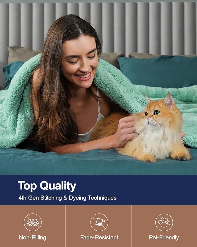 Pawque Super Soft Cozy Throw Blanket Queen Size for Couch Bed, Fluffy Sherpa Fleece Reversible Thick Warm Fuzzy Blanket for All-Season, 3D Checkered Jacquard Decorative Blankets, Sage Green, 90"x90"