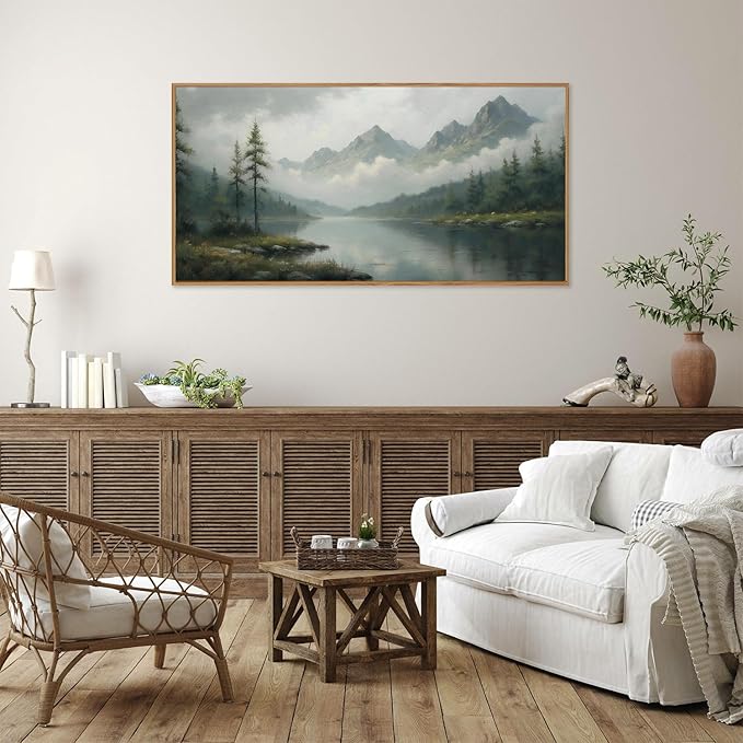 SIGNINART Large Misty Mountain Framed Canvas Wall Art, Green Forest River Scenery Wall Decor, Modern Foggy Wooden Landscape Artwork, Oil Style Nature Art Print for Living Room Bedroom Office 20"x40"