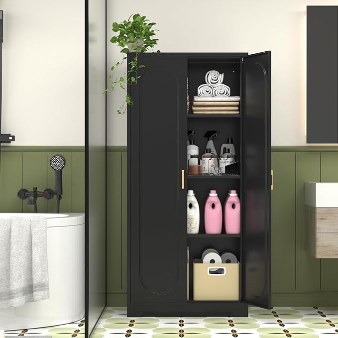 60" Tall Kitchen Pantry Cabinet, Metal Pantry Cabinet with Doors and Adjustable Shelves, Black Utility Storage Cabinet with Handles for Dining Room, Bathroom, Laundry Room - Assemble Required