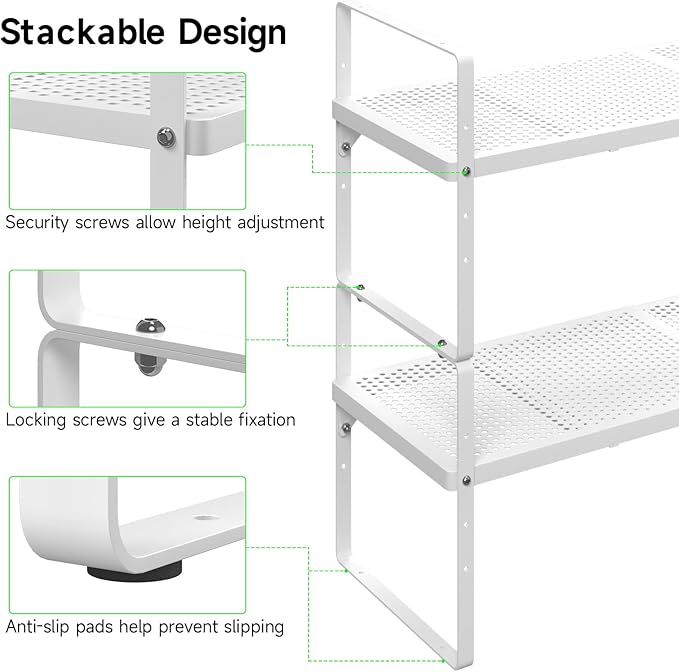Expandable Cabinet Storage Shelf Stackable Organizer Rack for Kitchen Bathroom Pantry Spice Cupboard Coffee Countertop Home Office Desk Heavy Duty Nonslip White Small 2 Packs