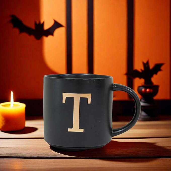 COLLECTIVE HOME - Monogram Ceramic Mugs, 15 oz Golden Initial Black Coffee Cups, Elegant Alphabet Tea Mugs, Elegant Personalized Mug with Gift Box, Unique Mug with Double Side Capital Lette (T)