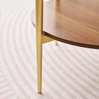 Round Glass End Table, Mid-Century Modern Design Sofa Table for Living Room, D18 x H23, 2-Tier Structure, Amber Glass Top and Walnut Shelf, Sleek Conical Legs with Gold Finish Frame
