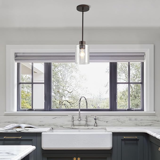 Oil Rubbed Bronze Pendant Lights Kitchen Island - Clear Glass Pendant Light Fixture Multiple Stems Rods 3 Units 12 Inch 3 Units 4 Inch (3 Pack Oil Rubbed Bronze Downrod)