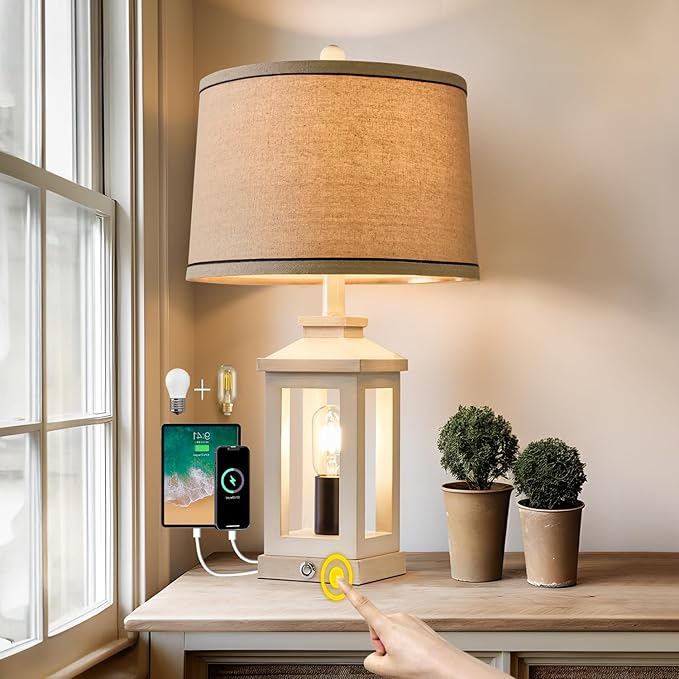 23.75" Retro Farmhouse USB C+A Ports Table Lamp with 3 Way Dimmable Touch Control White Nightlight Vintage Modern Lamp for Living Room Bedroom with 2 Light Sources