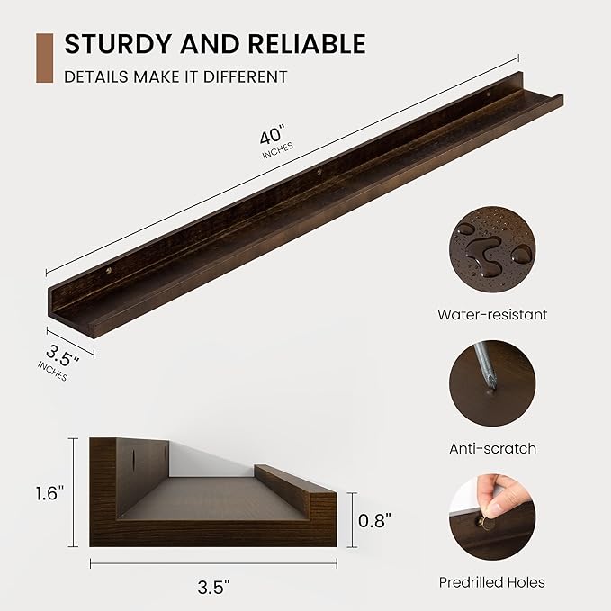 Picture Ledge Shelf, Solid Pine Wood Floating Shelves Set of 2, 40 Inches Nursery Book Shelves for Toys Storage, Kids Bookshelf Wall Mounted for Living Room Bedroom Decor Books Photo Frames, Walnut