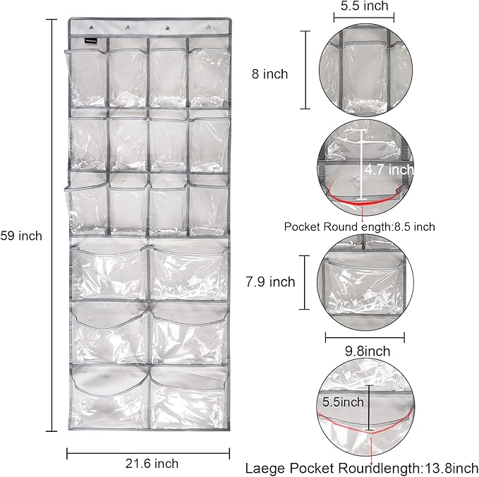 Extra Large Hanging Crystal Clear Over Door Shoe Organizer, Closet Shoe Rack with 12+6 Pockets, 8 Hooks, Grey (59"x 21.6")