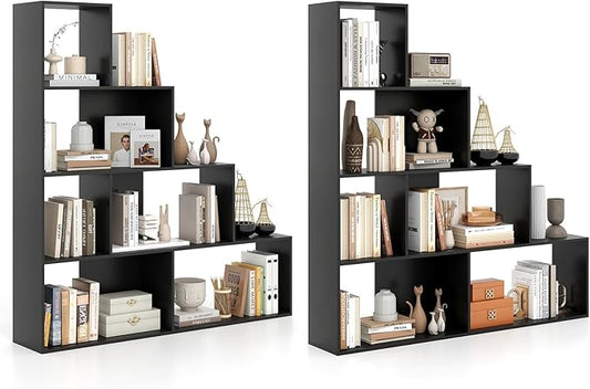 Tangkula 4-Tier Stepped Bookshelf, Freestanding 6 Cubes Ladder Bookcase with Anti-Tipping Kits, 64" Tall Modern Wooden Storage Display Rack for Home Office Living Room Study (2, Black)