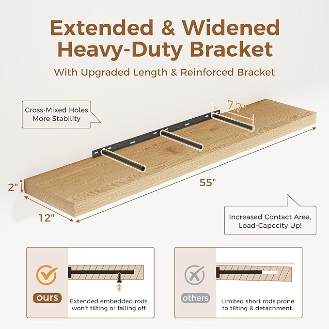 Fun Memories 55 Inch Floating Shelves, 12 Inch Deep Floating Shelf for Wall, 55 x 12 Large Floating Shelves for Fireplace Mantel, 2 Inch Thick Wall Shelf for Living Room, Bedroom, Oak Color, 1 Pack