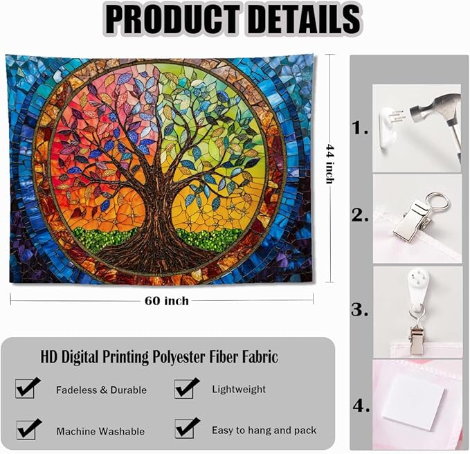 keowhsf Tree of Life Tapestry Wall Hanging – Colorful Stained Glass Look Wall Art with Fantasy Aesthetic, Large Tapestry for Bedroom, Living Room, Home Decor