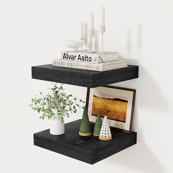 Fun Memories 12 Inch Floating Shelf, Rustic Wood Wall Shelves for Wall Decor & Storage, 12 x 12 Floating Shelf for Living Room, Bathroom, Bedroom, Black, Set of 2