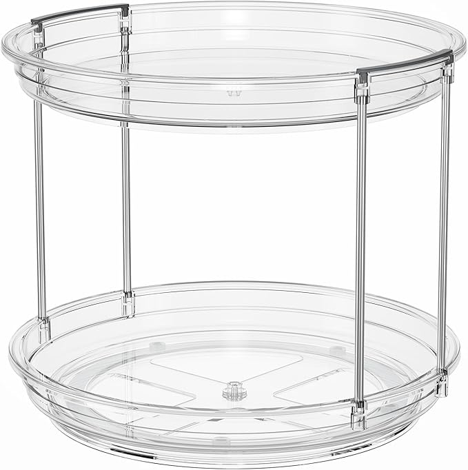 2 Pack 2 Tier Lazy Susan Organizer, 9.25'' Lazy Susan Turntable for Cabinet, Stackable Turntable Organizer Rotating Spice Rack Organization for Kitchen Countertop, Pantry, Bathroom, Clear