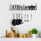 MyGift Wall Mounted Silver-Tone Metal Hanging Kitchen Pots, Pans and Utensils Storage Cookware Rack with 12 Removable S-Hooks and Top Display Shelf for Condiments Spice Rack