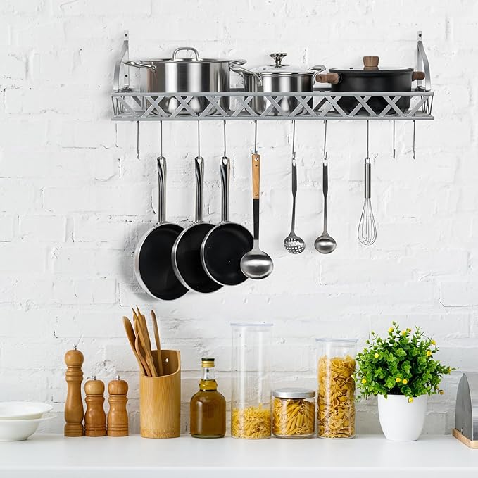 MyGift Wall Mounted Silver-Tone Metal Hanging Kitchen Pots, Pans and Utensils Storage Cookware Rack with 12 Removable S-Hooks and Top Display Shelf for Condiments Spice Rack