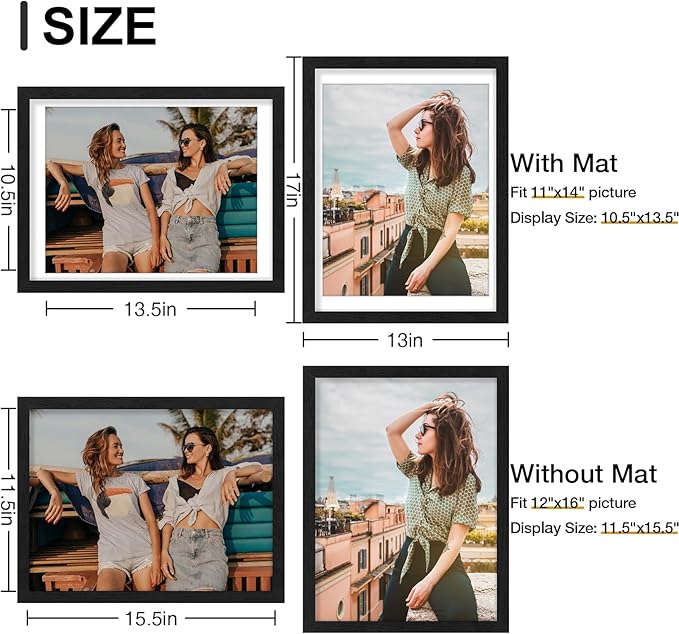 Vittanly 12x16 Picture Frames Set of 9, Shatter Resistant Plexiglass, Display 11x14 Pictures with Mat or 12x16 without Mat, Photo Frames for Wall Mount, Engineered Wood, Black