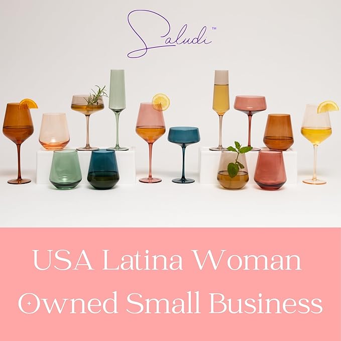 Saludi Colored Wine Glasses, 16.5oz (Set of 6) Stemmed Frida-Color Glass - Great for all Wine Types and Occasions - Luxury, Durable, Hand-Blown