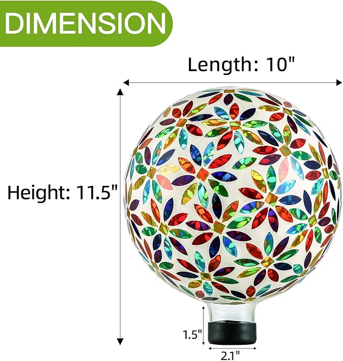 VOREEN Mosaic Glass Gazing Ball Outdoor Gazing Globe, Reflective Ball Yard Decoration for Homes, Patio, Lawn and Gardens, Gift for Mom Wife Friend, 10-Inch, Multi Colored Flowers Design