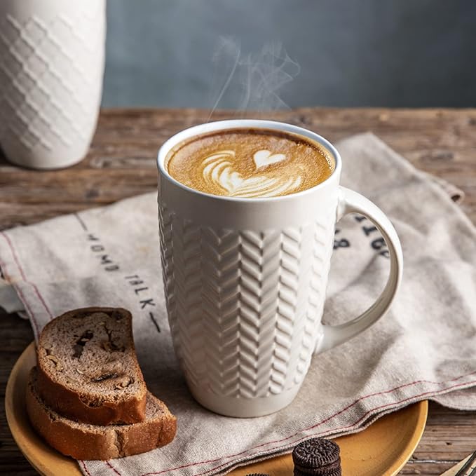 AmorArc Large Coffee Mugs Set of 6, 20oz Ceramic Tall Coffee Mugs Set with Textured Geometric Patterns for Coffee/Tea/Beer/Hot Cocoa, Dishwasher & Microwave Safe, Black&Beige