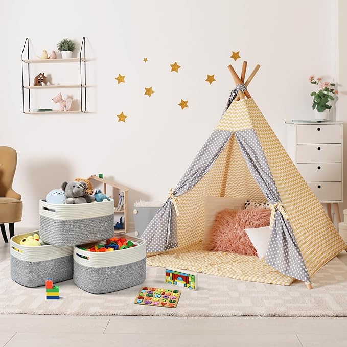 Woven Storage Baskets - Cotton Rope Organizers for Books, Towels, Toys or Bins - 3 Pack, Grey