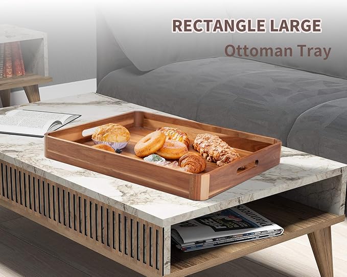 Large Wooden Ottoman Tray, Great 22"x18" Rectangle Trays for Big Ottoman Counter, Huge Kitchen Wood Serving Tray Round Corner, Living Room Coffee Table Decor Centerpiece Organizer Trays