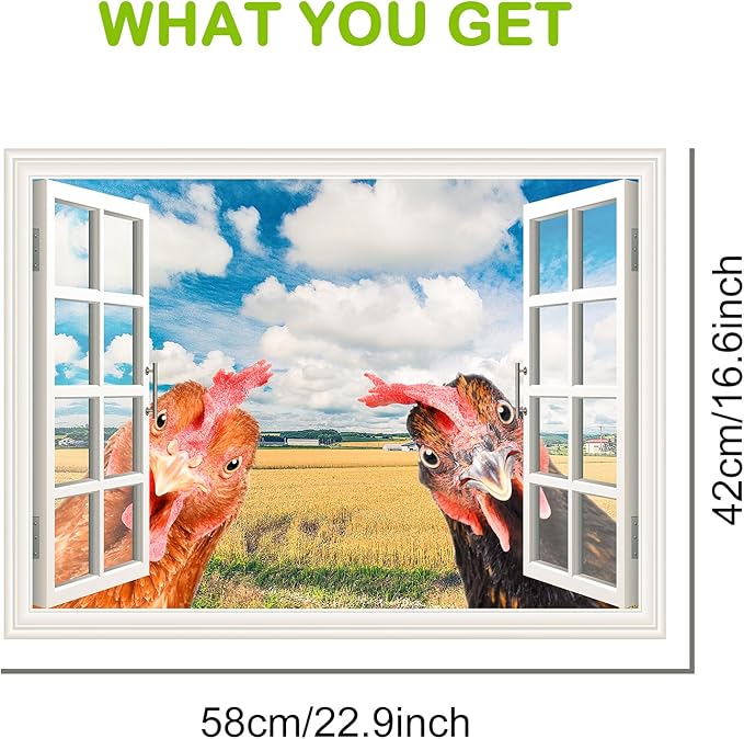 Funny Chicken Wall Stickers Peel and Stick - 2 Hens Head Looking Inside from Window - Cute Chicken Wall Decals Removable - Chicken Lover Gifts Wall Decor for Bedroom Farmhouse Kitchen Dorm