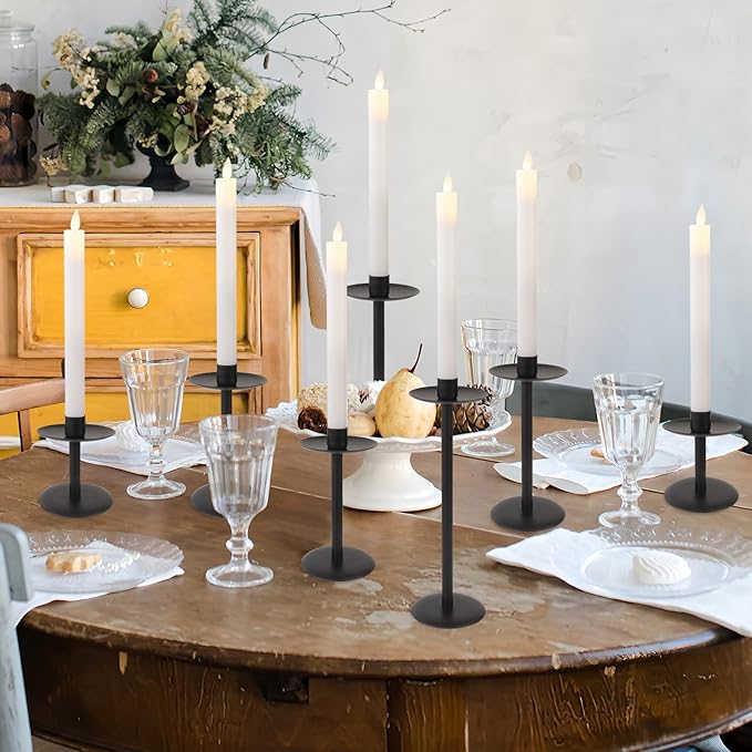 Set of 7 Metal Black Candle Holders, Assemblable Pillar and Taper Candlesticks, Halloween Fall Thanksgiving Day Dining Table Centerpieces Decor, Mantle Fireplace Candle Sticks Decorations