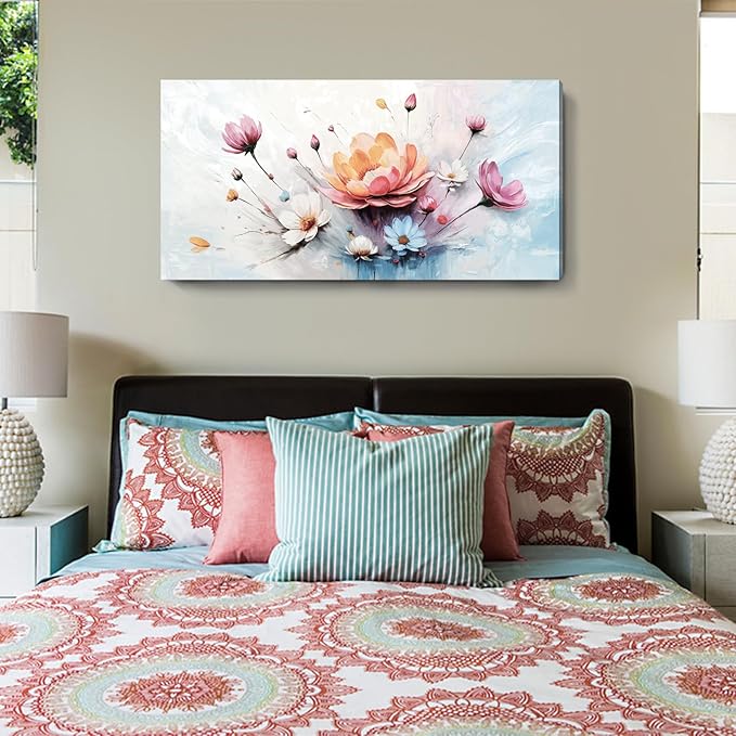 amatop Large Floral Wall Art – Modern Pink White and Blue Abstract Colorful Flower Bouquet Print Large Botanical Canvas Picture Nature Artwork Wall Decor for Living Room Bedroom Office 48x24 inch