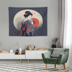 Japanese Woman Geisha Tapestry Asian Red Cherry Blossom Red Sun Traditional Kimono Folk Tapestries Home Decor for Living Room Bedroom Apartment Farmhouse Dorm 40"x30"
