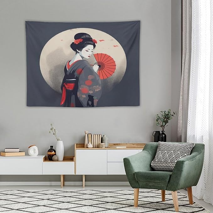 Japanese Woman Geisha Tapestry Asian Red Cherry Blossom Red Sun Traditional Kimono Folk Tapestries Home Decor for Living Room Bedroom Apartment Farmhouse Dorm 40"x30"