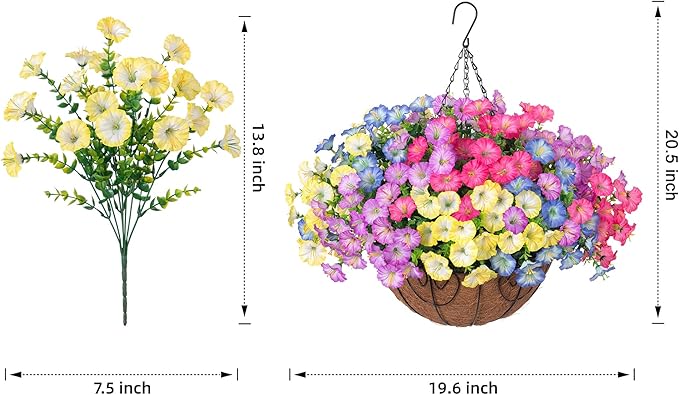Artificial Faux Hanging Plants Flowers Basket for Outdoors Spring Summer Decoration, Silk Morning Glory Eucalyptus Look Real UV Resistant Fake Flowers for Porch Outside Patio Balcony Yard Home Garden