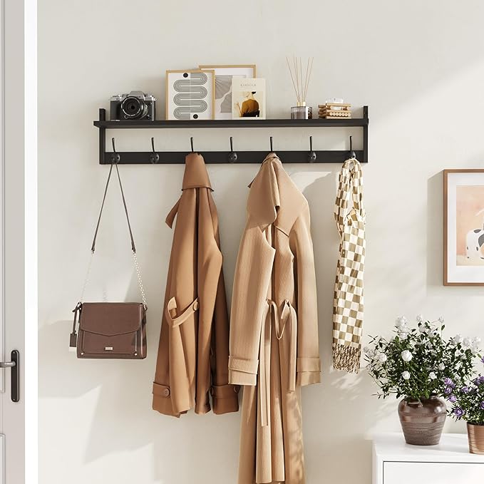 BAMEOS 35 Inch Wall Hooks With Shelf - Entryway Hanging Wood Coat Rack With 7 Dual Hooks for Bathroom, Living Room, Bedroom (Black)