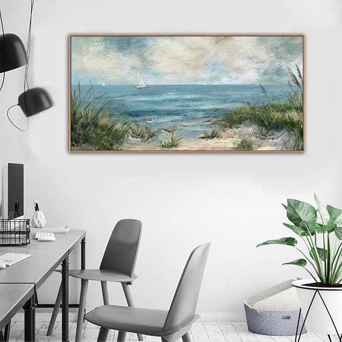 Sea Beach Framed Canvas Wall Art Vintage Seascape Canvas Prints Wall Decor Ocean Sailboat Seagull Canvas Pictures Beach Bird Reed Canvas Painting Artwork Living Room Bedroom Decoration 29" X 58"