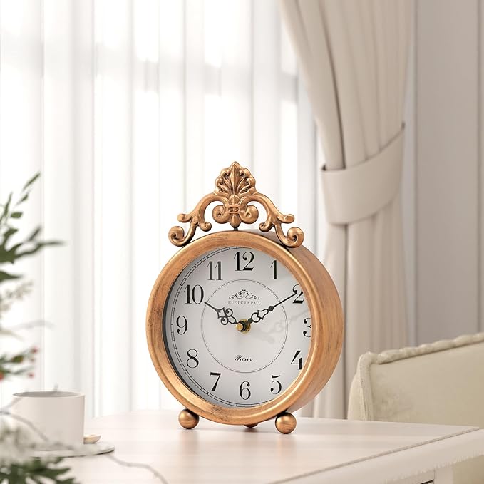 Vintage Gold Table Clock, Desk and Shelf Mantel Clock, French Rustic Antique Style Decor Clocks, for Farmhouse, Bedroom, Living Room, Bedside, Gift (9" H x 6.3" W)