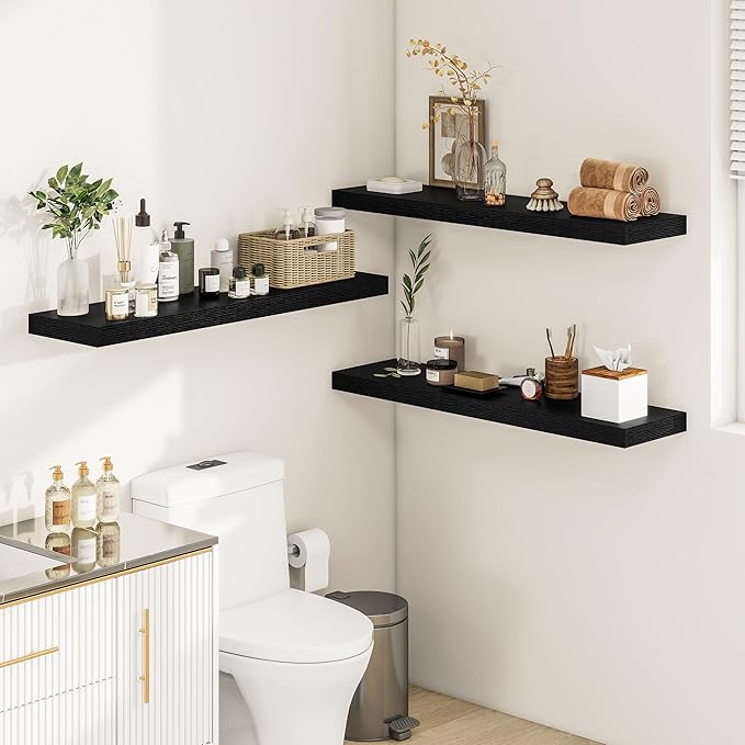 Black Floating Shelves for Wall 36 Inches Long, 12" Deep Wall Shelves 2" Thick, Heavy Duty Shelf for Bedroom, Bathroom, Living Room, Kitchen, Office, Home Decor, Modern Shelf Set of 2, 36" X 12" X 2"