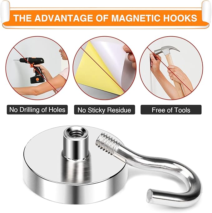 MIKEDE Magnetic Hooks Heavy Duty, 40 Lbs Magnet with Hooks for Cruise Cabins, Strong Magnets Neodymium for Hanging, Magnetic Wall Hooks for Refrigerator, Locker Decoration, Workplace -10Pack