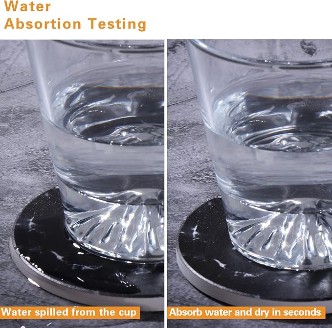 Drink Coasters with Holder Absorbent Ceramic Coasters Set of 6 Black Marble Style, 4 Inches Suitable for Kinds of Cups and Outdoor Picnic