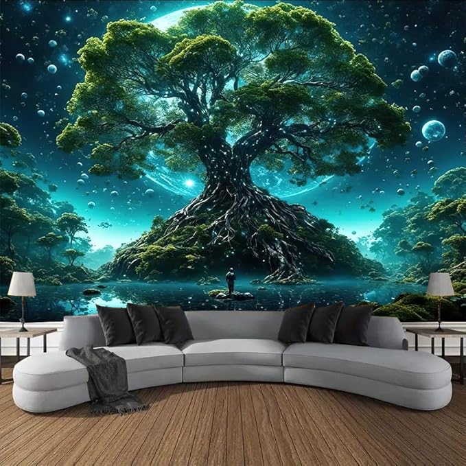 FENDROM Tree of Life Tapestry Nature Green Tree Wall Hanging Aesthetic Moon Night Fantasy Wonderland Tree Plants Wall Art For Home Dorm Living Room Decor