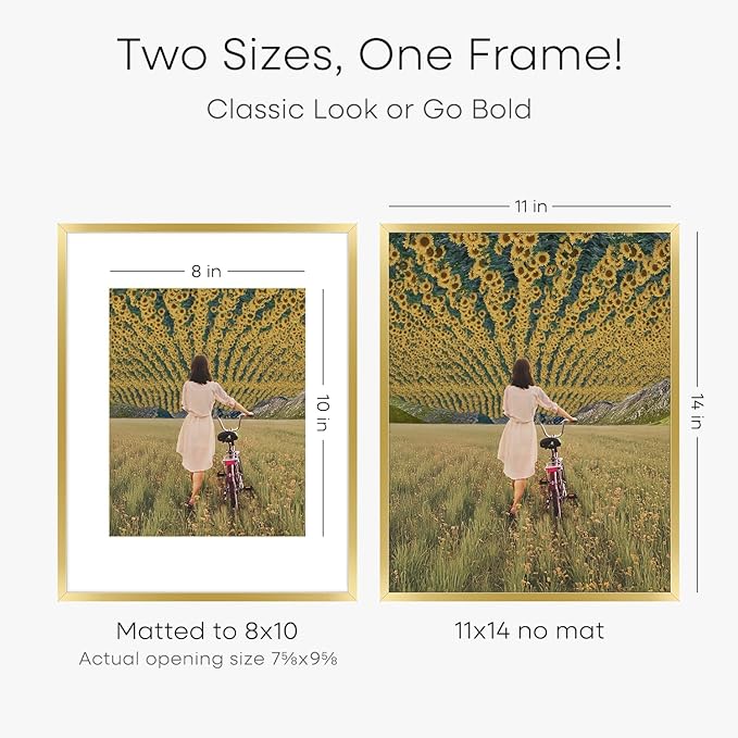 Homeforia 11x14 Picture Frame Gold, High End Metal 11x14 Poster Frames with Mat for 8x10, 11 x 14 Gold Frame Matted to 8 x 10 inch Photo, 11by14 Thin Hanging Frames, Tempered Glass, Wall Kit, Set of 1