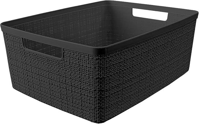 Curver Set of 6 Jute Medium Decorative Plastic Organization and Storage Baskets, Perfect Bins for Home Office, Closet Shelves, Kitchen Pantry and All Bedroom Essentials, Black