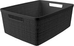 Curver Set of 6 Jute Medium Decorative Plastic Organization and Storage Baskets, Perfect Bins for Home Office, Closet Shelves, Kitchen Pantry and All Bedroom Essentials, Black