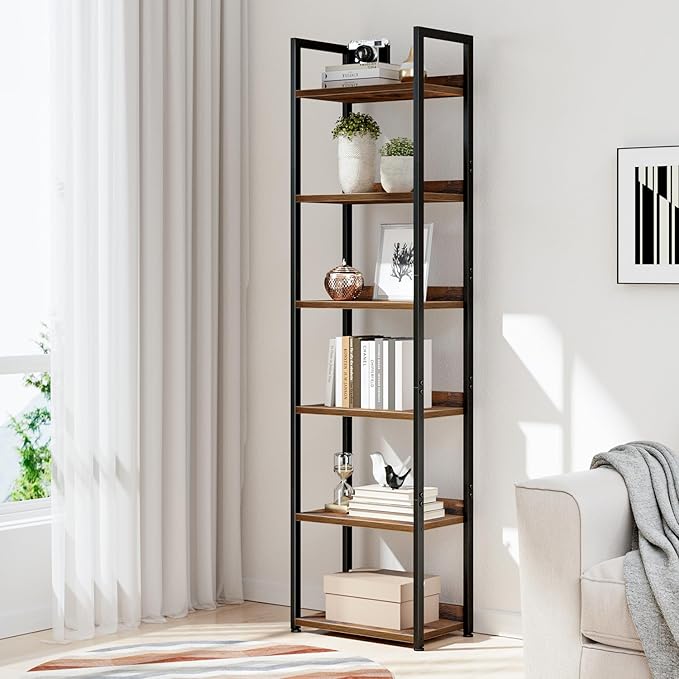 NUMENN Narrow Bookshelf, 6 Tier Bookshelves, Home Office Bookcase Shelf Storage Organizer, Free Standing Storage Shelving Unit for Bedroom, Living Room and Home Office, Vintage