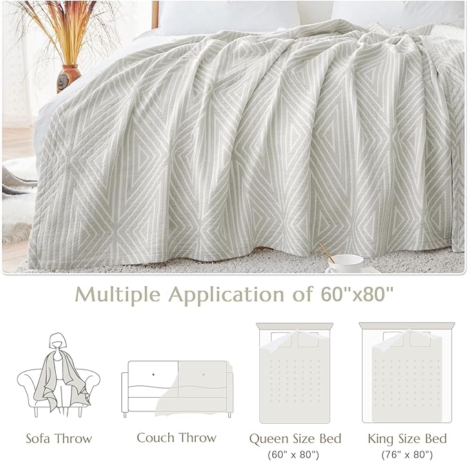 jinchan Boho 100% Cotton Blanket Muslin Twin Size 60x80 Inches Lightweight 3-Layer Geometric Triangle Striped Reversible Quilt Throw Soft Breathable Comfy All Seasons for Couch Bed Decor, Light Grey