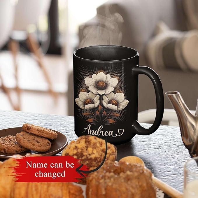 Personalized Nature Inspired Coffee Mug, Custom Name Black Cup 11oz or 15oz, Elegant Flower Ceramic Mug for Gardeners, Custom Floral Themed Coffee Cup, Gifts for Flower Lovers