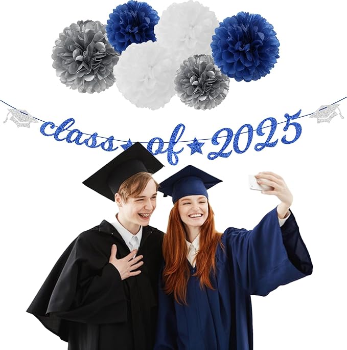 Navy-Blue White-Silver Party-Decoration Graduation Banner - 14pcs Kits Cap Garland Streamers, Royal Paper Tissue Pom Poms Flowers Fans Honeycomb,Class Of 2025 College High School Grad Decor Hugfond
