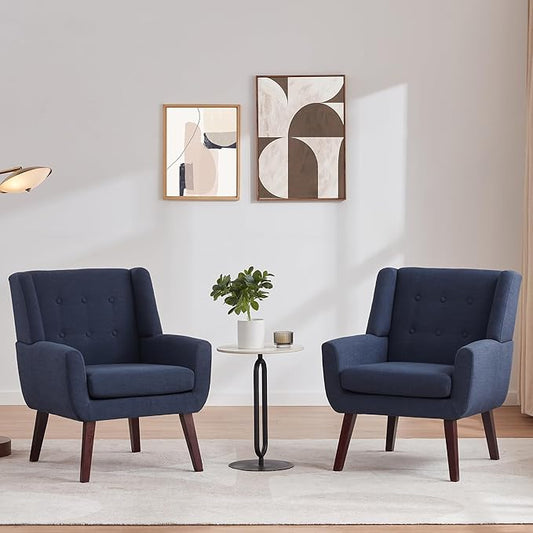 HUIMO Button-Tufted Accent Chairs Set of 2,Upholstered Reading Living Room Chair,Mid Century Modern Chair with Linen Fabric, Club Chair,Comfy Arm Chairs for Living Room,Bedroom,Dark Blue